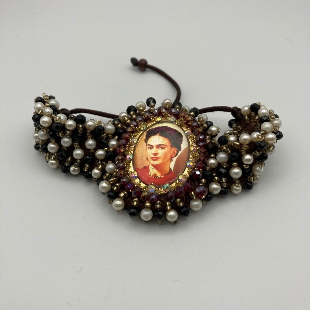 Frida Kahlo Portrait Beaded Cuff Bracelet Faux Pearl Crystal Adjustable Folk Art